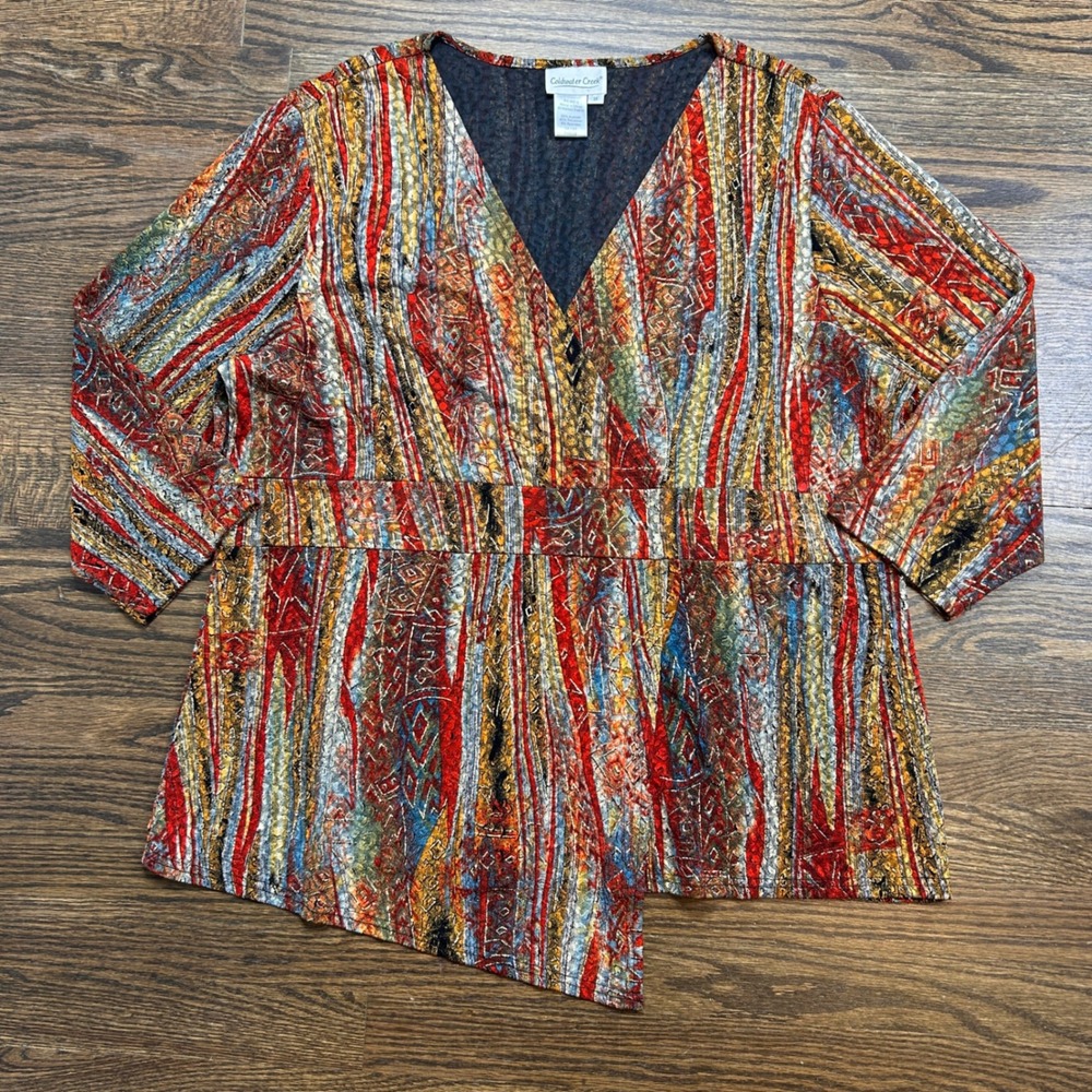 Coldwater Creek Blouse Womens 1X Plus Abstract Geometric V-Neck Asymmetrical